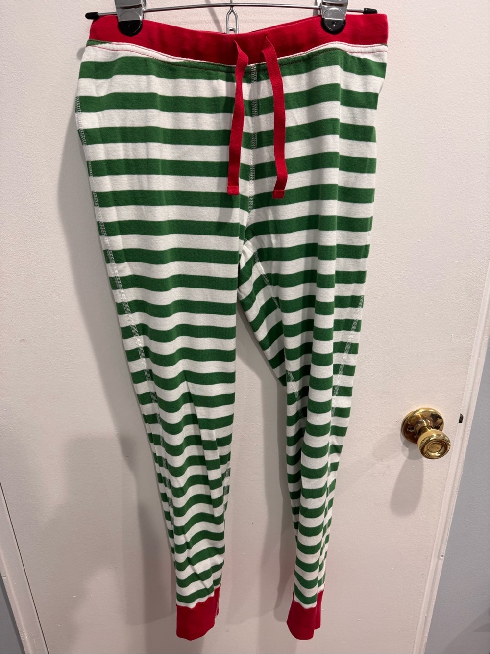 Women’s Hannah Andersson Green and White Striped Pajama Pants with Red Trim